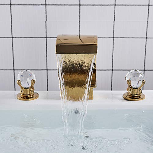 FUZ Polished Gold Bathroom Faucet 3 Hole Dual Crystal Knobs Widespread 3 Holes Vanity Basin Mixer Tap Bathtub Filler Faucet Waterfall Faucet for Bathroom Sink…