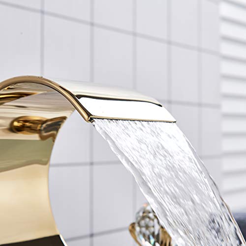 FUZ Polished Gold Bathroom Faucet 3 Hole Dual Crystal Knobs Widespread 3 Holes Vanity Basin Mixer Tap Bathtub Filler Faucet Waterfall Faucet for Bathroom Sink…