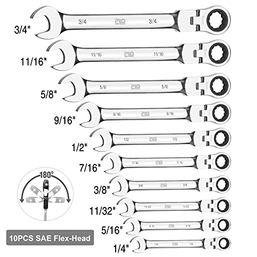 Prostormer 20-Piece SAE and Metric Ratcheting Wrench Set, Chrome Vanadium Steel Combination Ratchet Wrench Kit with Portable Roll-Up Canvas Bag (10Pcs Flex-Head + 10Pcs Fixed Head)