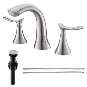 comllen widespread 3 hole brushed nickel bathroom faucet, modern 8 inch two handle bathroom sink faucet lavatory vanity faucet with water hoses and pop-up drain