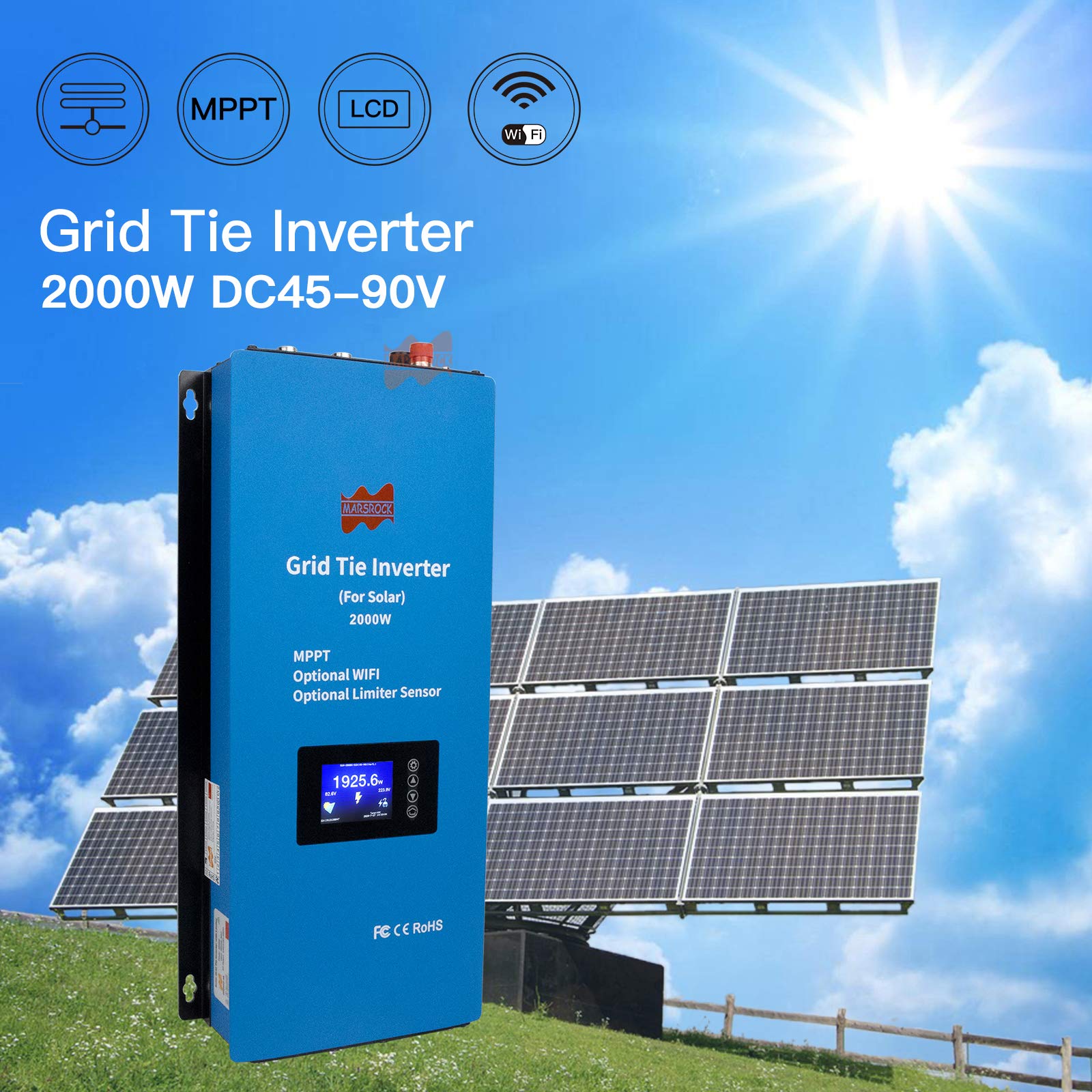 Marsrock 2000W PV Grid Tie Inverter Power Limiter Wide Voltage 45-90VDC for Solar Panel Input AC 240V (120V+120V)