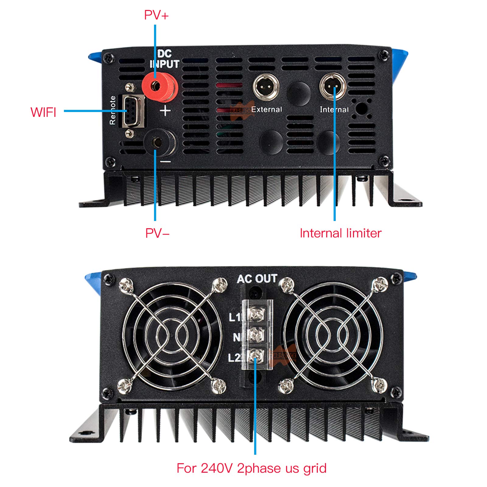 Marsrock 2000W PV Grid Tie Inverter Power Limiter Wide Voltage 45-90VDC for Solar Panel Input AC 240V (120V+120V)