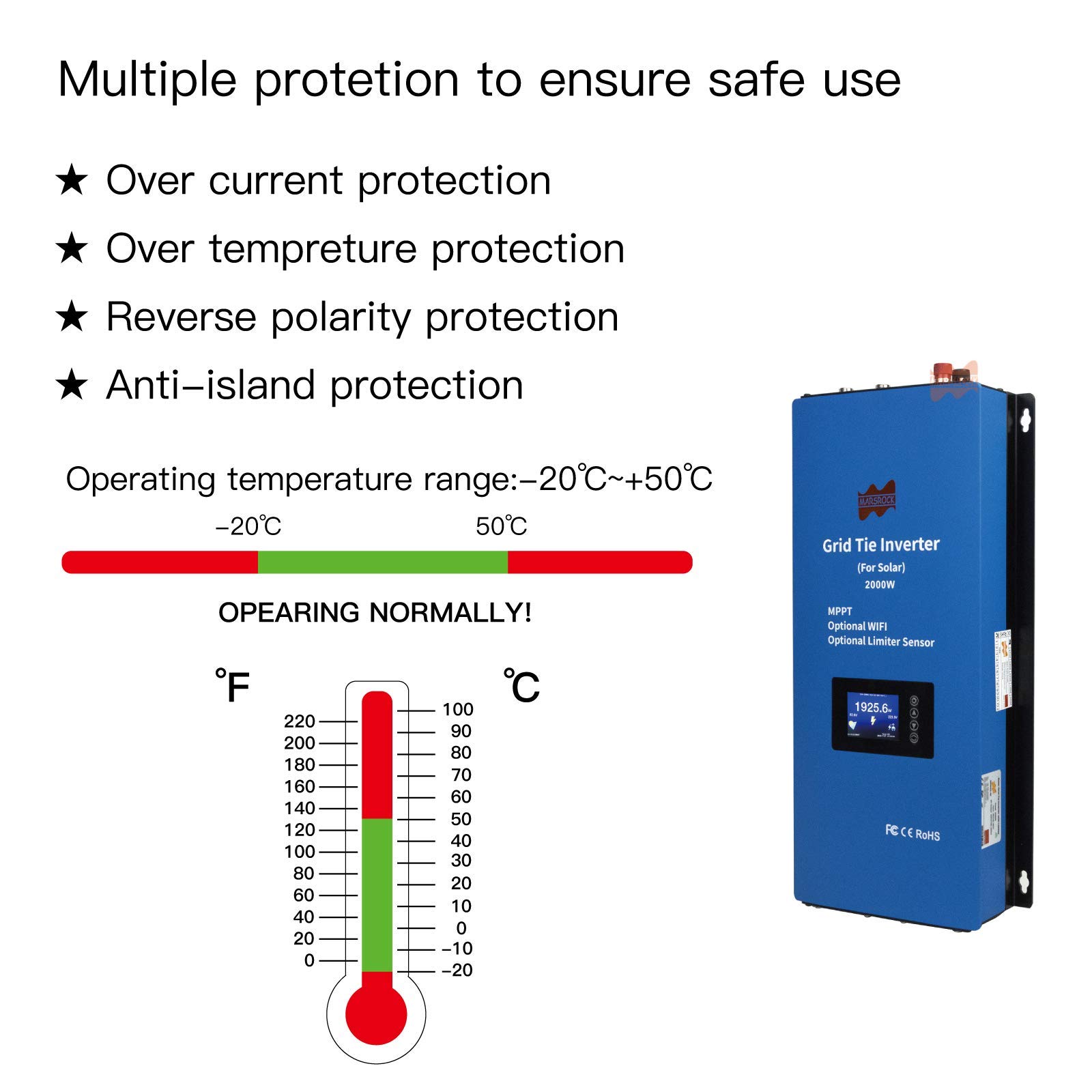 Marsrock 2000W PV Grid Tie Inverter Power Limiter Wide Voltage 45-90VDC for Solar Panel Input AC 240V (120V+120V)