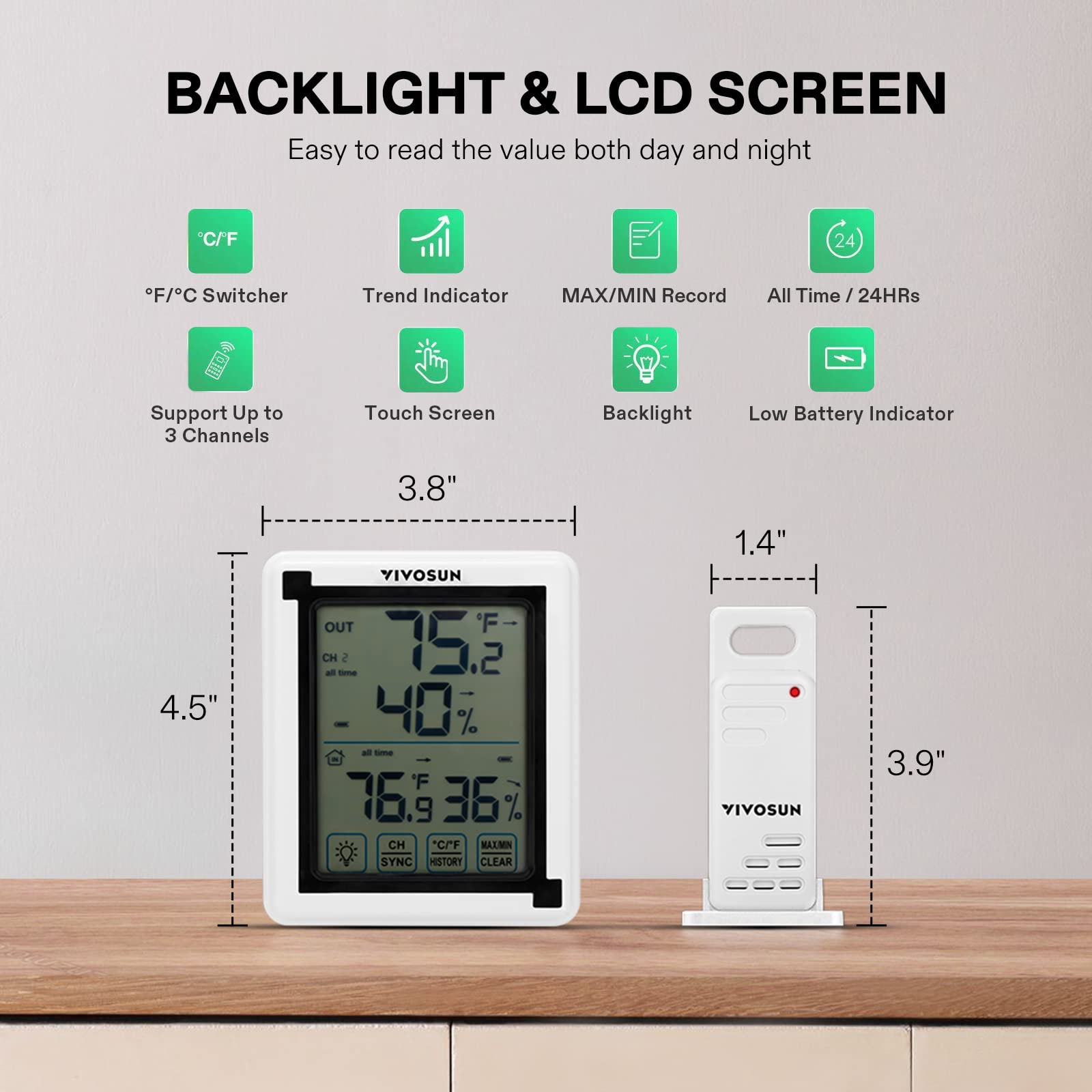 VIVOSUN Indoor Outdoor Thermometer Wireless Digital Hygrometer Temperature and Humidity Monitor with Touchscreen LCD Backlight, 200ft/60m Range, Battery Included