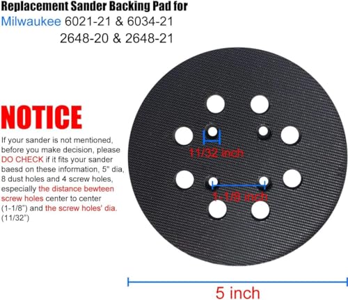 5-Inch 8-Hole Replacement Sander Pad for Milwaukee Sander, 5" Hook & Loop Sanding Pad for Milwaukee 6021-21 & 6034-21, 2648-20, 2648-21 Random Orbit Sander -1 Pack