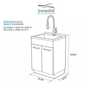 Transolid TCA-2420-WS 24-in x 20-in x 34.6-in Laundry Sink Cabinet with Faucet, White,Medium