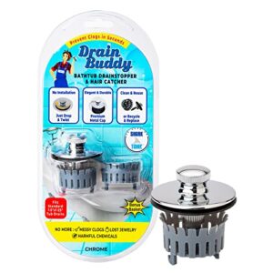 drain buddy deluxe 1.5” wide bathtub drain stopper with hair catcher | fits 1.5" wide x 1.25" deep tub drains | easy install to prevent tub clogs | chrome plated metal cap w/ 1 replacement basket