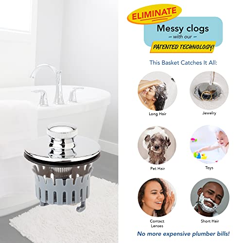 Drain Buddy Deluxe 1.5” Wide Bathtub Drain Stopper with Hair Catcher | Fits 1.5" Wide x 1.25" Deep Tub Drains | Easy Install to Prevent Tub Clogs | Chrome Plated Metal Cap w/ 1 Replacement Basket