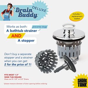 Drain Buddy Deluxe 1.5” Wide Bathtub Drain Stopper with Hair Catcher | Fits 1.5" Wide x 1.25" Deep Tub Drains | Easy Install to Prevent Tub Clogs | Chrome Plated Metal Cap w/ 1 Replacement Basket