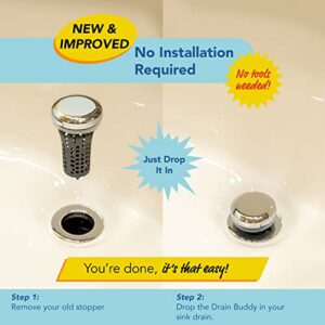 Drain Buddy Deluxe: Bathroom Sink Stopper Strainer with Hair Catcher - No Installation Clog Prevention, Fits 1.25” Sink Drains - Chrome Plated Cap with 1 Replacement Basket – Seen On Shark Tank