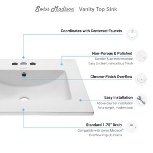 Swiss Madison Well Made Forever SM-VT324-3 Ceramic Vanity Top Sink 24" with Three Faucet Holes, Glossy White