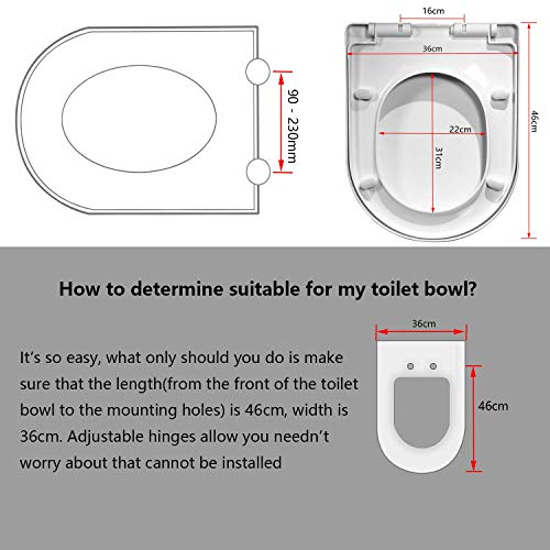 Toilet Seat will Slow Close Modern Lid Toilet Covers White D-Shape Easy Clean & Fix Adjustable Hinges Seat Quick Release Loo - Installation Tool fixtures Included