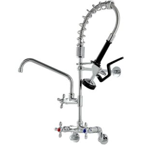 yoogyy commercial wall mount kitchen sink faucet pre-rinse device 26" height 4'' to 8'' center with spring pull down sprayer and 10" add-on spout，brass constructed polished chrome