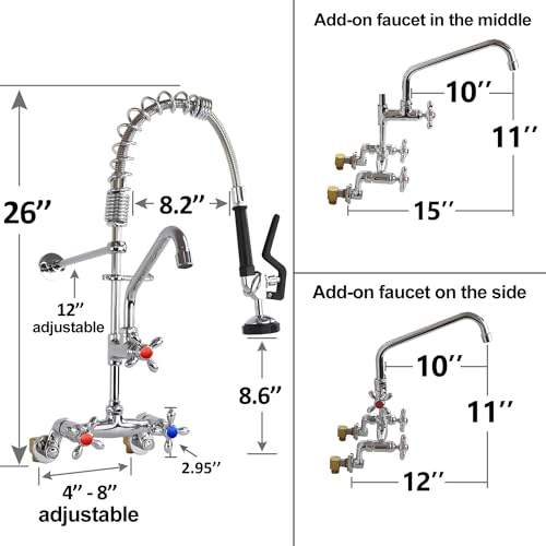 YooGyy Commercial Wall Mount Kitchen Sink Faucet Pre-Rinse Device 26" Height 4'' to 8'' Center with Spring Pull Down Sprayer and 10" Add-on Spout，Brass Constructed Polished Chrome