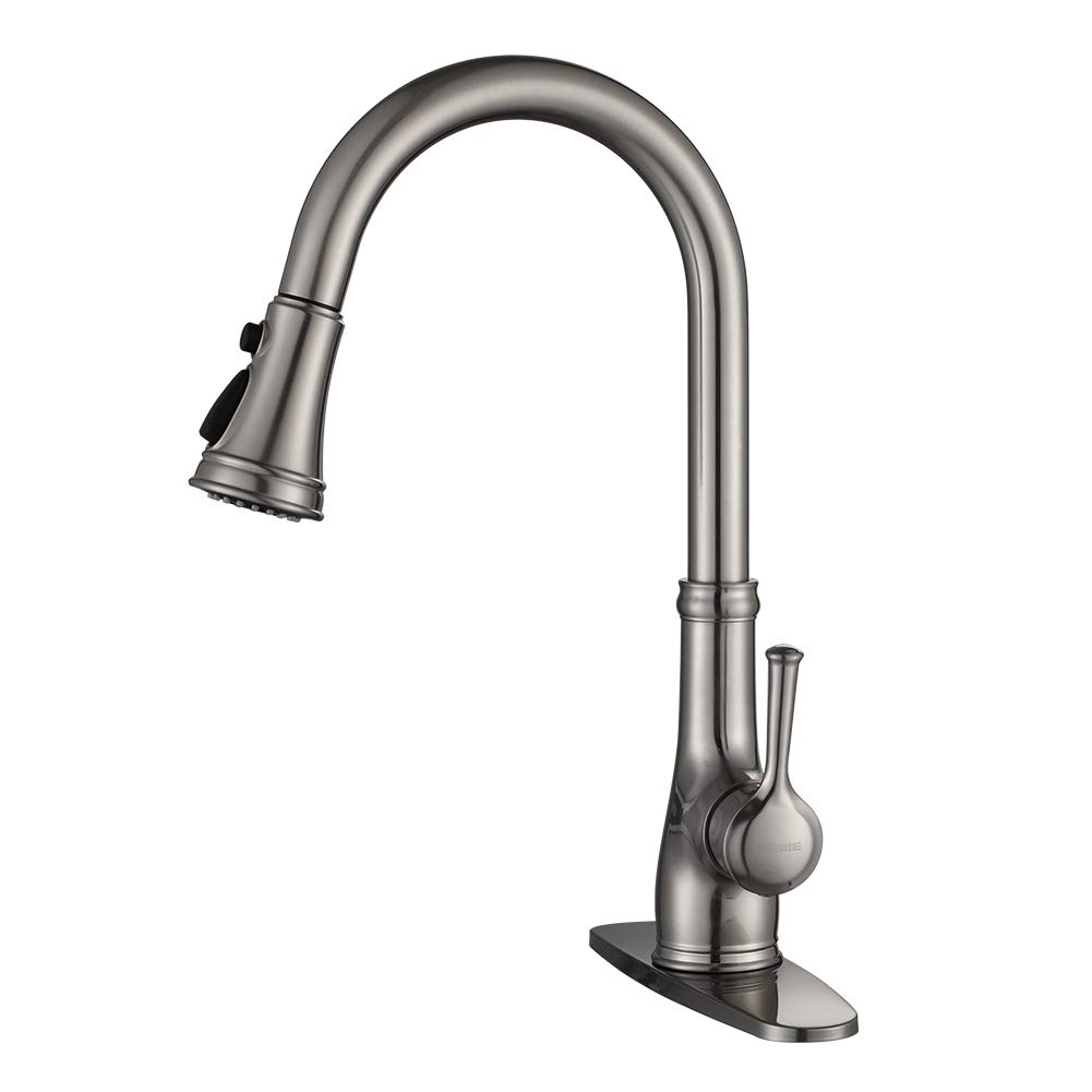 Kitchen Faucet-WEWE Single Handle Stainless Steel Brushed Nickel Pull Down Kitchen Sink Faucet with Pull Out Sprayer