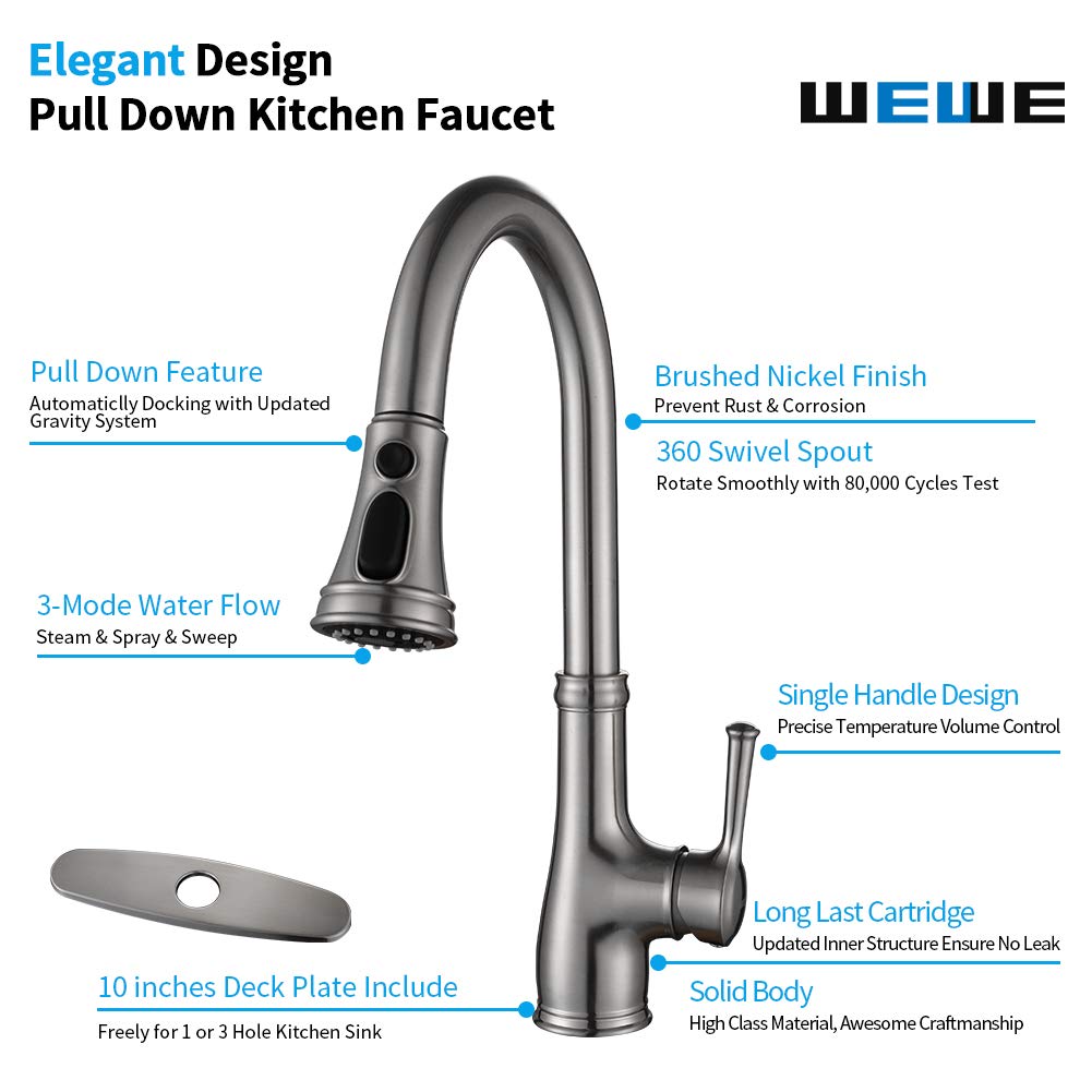 Kitchen Faucet-WEWE Single Handle Stainless Steel Brushed Nickel Pull Down Kitchen Sink Faucet with Pull Out Sprayer