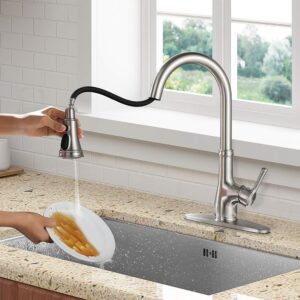 Kitchen Faucet-WEWE Single Handle Stainless Steel Brushed Nickel Pull Down Kitchen Sink Faucet with Pull Out Sprayer