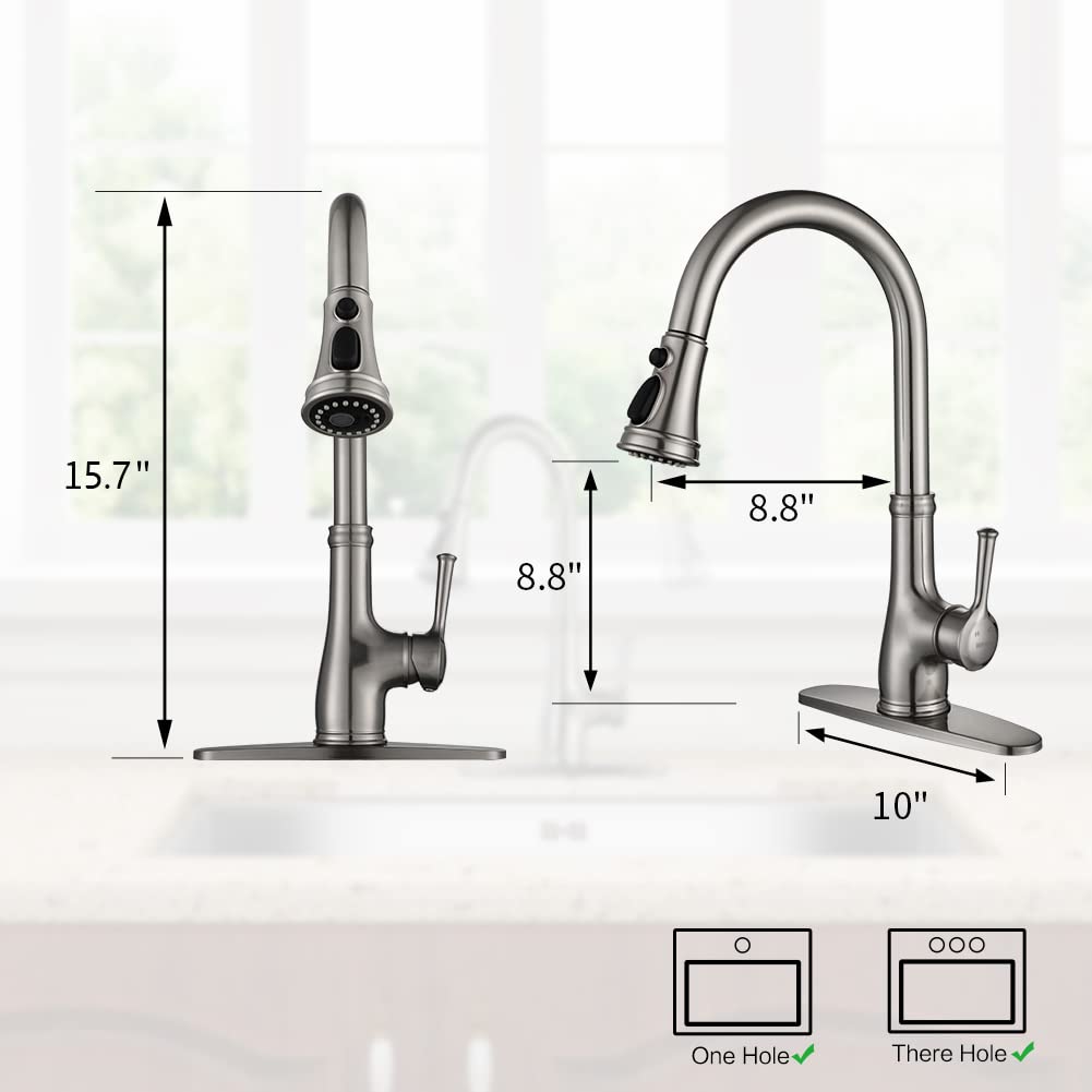 Kitchen Faucet-WEWE Single Handle Stainless Steel Brushed Nickel Pull Down Kitchen Sink Faucet with Pull Out Sprayer