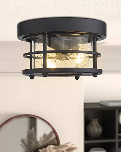 Emliviar 2-Light Round Ceiling Light Fixture, Farmhouse Flush Mount Ceiling Light 10 Inch, Black Finish, WE2085F BK