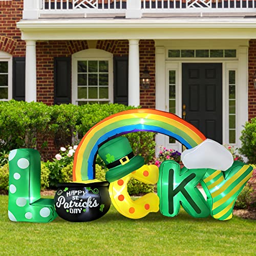 BLOWOUT FUN 6.5 Foot Long St. Patrick Day Inflatable Lucky Letters with Gold Pot and Rainbow Decoration for Indoor Outdoor Blow Up Lawn Yard Decor