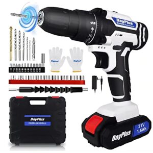 21v portable cordless power drill set impact screw driver with 1500mah li-ion rechargeable battery 25+1 torque setting 45n.m variable speed control with led light, 29pcs accessories, carrying case