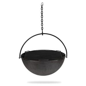 ash & ember 42" cast iron cauldron fire pit bowl with double hinged grill grate-easy-lift handles & handing chain, round wood burning patio fire bowl for backyard patios