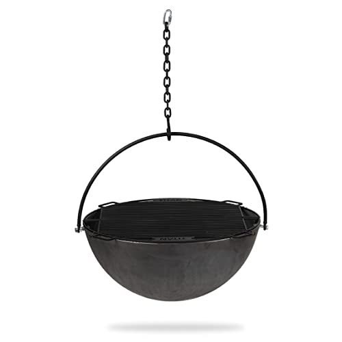 Ash & Ember 42" Cast Iron Cauldron Fire Pit Bowl with Double Hinged Grill Grate-Easy-Lift Handles & Handing Chain, Round Wood Burning Patio Fire Bowl for Backyard Patios