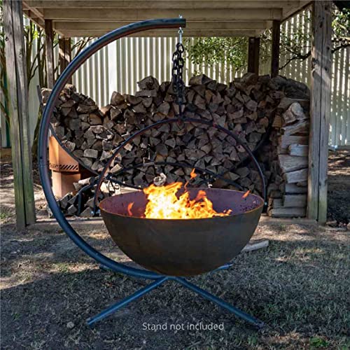 Ash & Ember 42" Cast Iron Cauldron Fire Pit Bowl with Double Hinged Grill Grate-Easy-Lift Handles & Handing Chain, Round Wood Burning Patio Fire Bowl for Backyard Patios