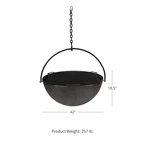 Ash & Ember 42" Cast Iron Cauldron Fire Pit Bowl with Double Hinged Grill Grate-Easy-Lift Handles & Handing Chain, Round Wood Burning Patio Fire Bowl for Backyard Patios