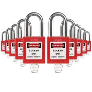 tradesafe lockout tagout locks set - 10 red loto locks, lockout locks keyed different, 1 key per lock, osha compliant lock out tag out padlocks, safety padlocks for electrical lockout tag out kits