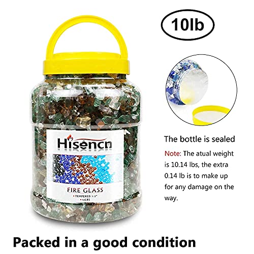 Hisencn Fire Pit Glass Rocks - High Luster Reflective Tempered Fire Glass for Propane Fire Pit, Outdoors and Indoors Natural or Propane Fireplaces, Landscape Decoration, 1/2 Inch Firepit Glass 10 lbs