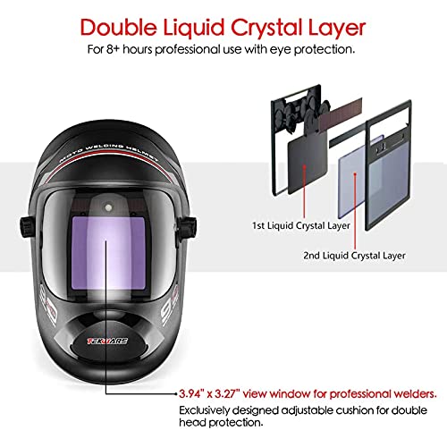 TEKWARE Ultra Large Viewing Screen True Color Solar Power Auto Darkening Welding Helmet, Hemispherical 4C lense, 4 Arc Sensor Wide Shade 4~5/9-9/13 for TIG MIG Arc Weld Grinding Welder Mask