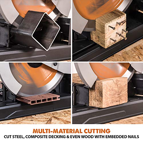 Evolution Power Tools R355CPS 14-Inch Chop Saw Multi Purpose, Multi-Material Cutting Cuts Metal, Plastic, Wood & More Miter Cut up to 45˚ Degrees TCT Blade Included