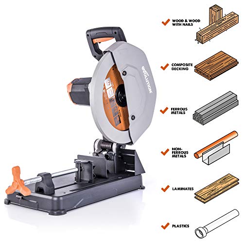 Evolution Power Tools R355CPS 14-Inch Chop Saw Multi Purpose, Multi-Material Cutting Cuts Metal, Plastic, Wood & More Miter Cut up to 45˚ Degrees TCT Blade Included