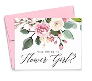 rustic floral will you be my flower girl card pink, modern flower girl proposal cards, elegant bridal party ask cards, your choice of quantity and envelope color