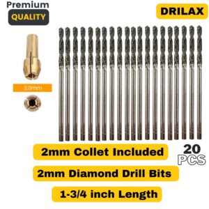 Diamond Drill Bit Set 2mm 20 Pieces Compatible with Dremel Collet Included Twist Tip Jewelry Beach Sea Glass Shells Gemstones Lapidary Ornament Bracelet Necklace Arts Crafts 5/64 inch