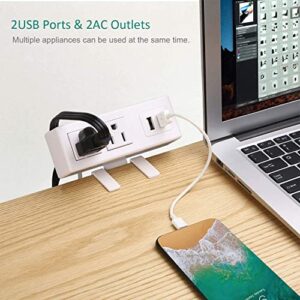 Desktop Edge Power Strip, Removable Clamp Power Outlet Socket with USB Port, 6.5 ft Extension Cord Connect 2 Plugs for Home Office Reading (White)