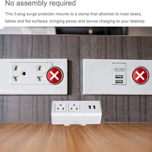 Desktop Edge Power Strip, Removable Clamp Power Outlet Socket with USB Port, 6.5 ft Extension Cord Connect 2 Plugs for Home Office Reading (White)