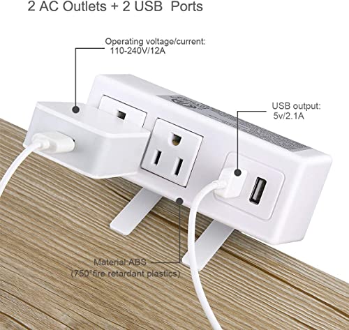 Desktop Edge Power Strip, Removable Clamp Power Outlet Socket with USB Port, 6.5 ft Extension Cord Connect 2 Plugs for Home Office Reading (White)