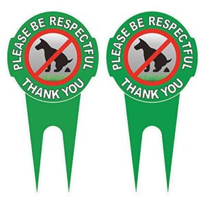 heiokey 2 pack no poop dog sign with stake 12" x 6",double sided no pooping dog sign politely reads:please be respectful thank you - stop dogs from pooping or peeing on your lawn yard sign