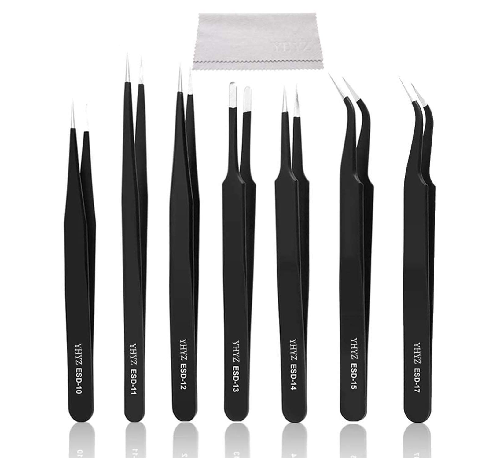 YHYZ 7pcs Precision Tweezers Set, Premium Anti-Static Stainless Steel ESD Tweezers Set Kit for Electronics, Sodlering，Jewelry, Craft, Laboratory Work, DIY(7PCS, Version)