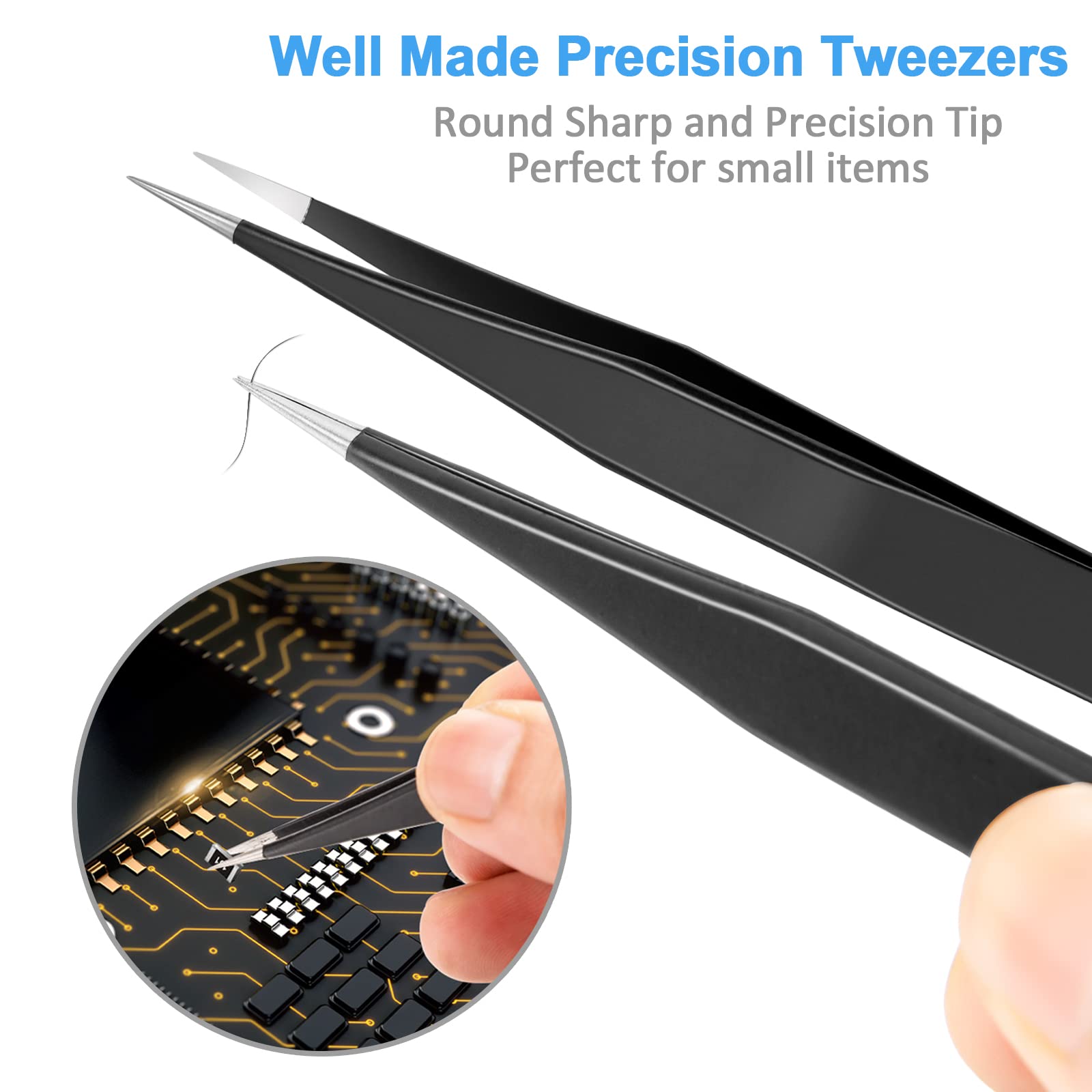 YHYZ 7pcs Precision Tweezers Set, Premium Anti-Static Stainless Steel ESD Tweezers Set Kit for Electronics, Sodlering，Jewelry, Craft, Laboratory Work, DIY(7PCS, Version)