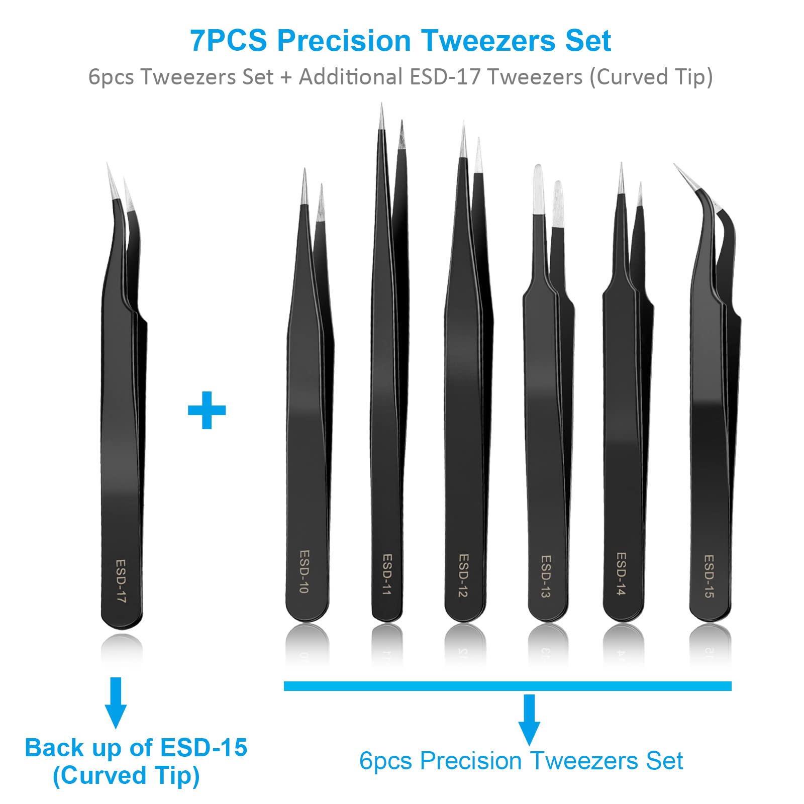 YHYZ 7pcs Precision Tweezers Set, Premium Anti-Static Stainless Steel ESD Tweezers Set Kit for Electronics, Sodlering，Jewelry, Craft, Laboratory Work, DIY(7PCS, Version)