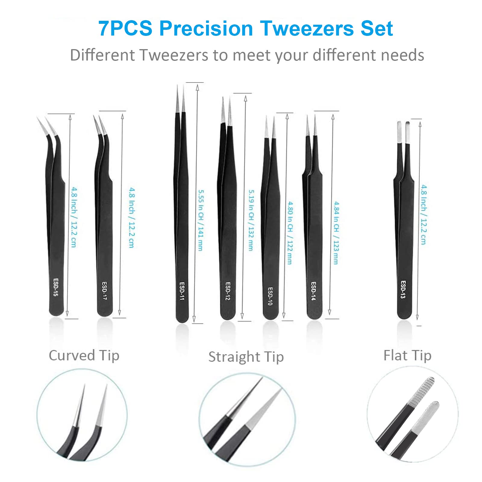 YHYZ 7pcs Precision Tweezers Set, Premium Anti-Static Stainless Steel ESD Tweezers Set Kit for Electronics, Sodlering，Jewelry, Craft, Laboratory Work, DIY(7PCS, Version)