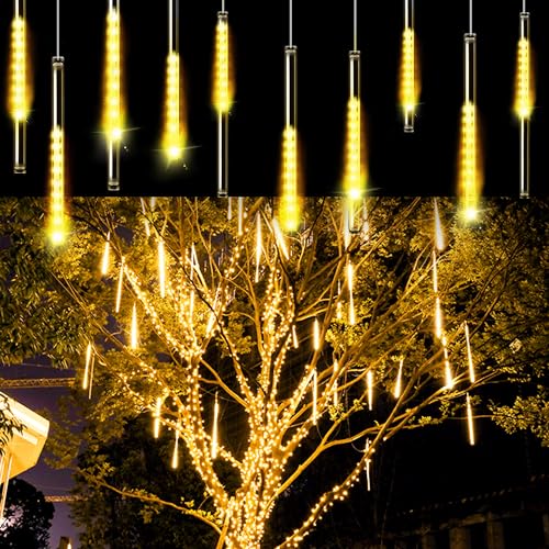 Aluan Christmas Lights Meteor Shower Rain Lights 10 Tube 240 LED Waterproof Plug in Falling Rain Fairy String Lights for Halloween Christmas Holiday Party Home Patio Outdoor Decoration, Warm White