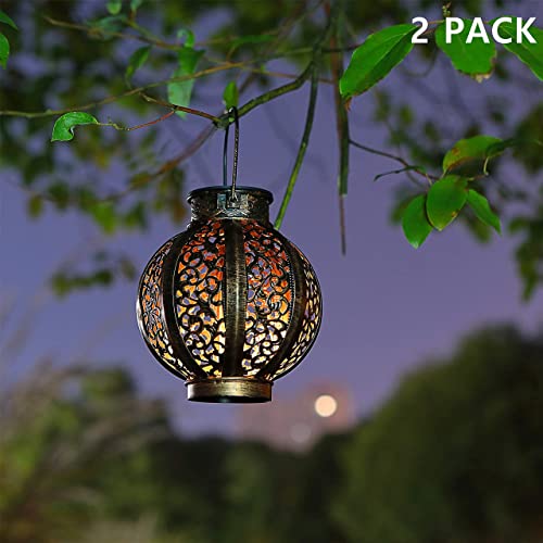 MAGGIFT 2 Pack Hanging Solar Lights,Outdoor Ramadan Solar Lanterns Decorations,Waterproof Hanging Solar Light 6 Lumens,Brown