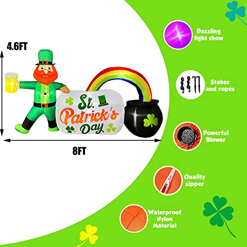 SEASONBLOW 8 Ft Long Inflatable St. Patrick's Day Sign Leprechaun Holding Beer with Rainbow Pot Decoration,Blow Up St. Patrick's Day Sign Built in LED Lights for Lawn Indoor Outdoor Holiday Party