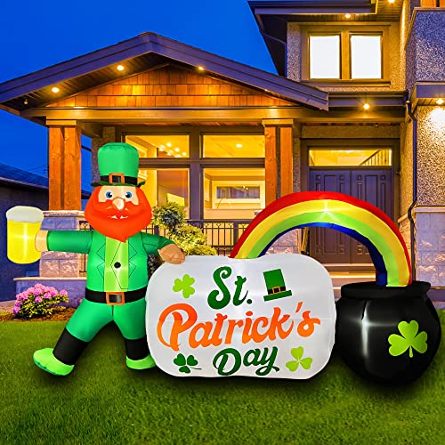 SEASONBLOW 8 Ft Long Inflatable St. Patrick's Day Sign Leprechaun Holding Beer with Rainbow Pot Decoration,Blow Up St. Patrick's Day Sign Built in LED Lights for Lawn Indoor Outdoor Holiday Party