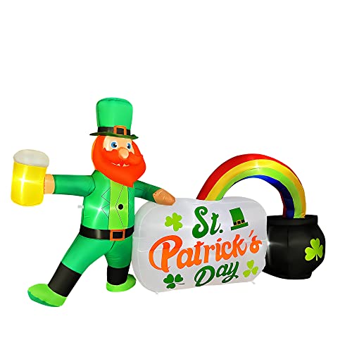 SEASONBLOW 8 Ft Long Inflatable St. Patrick's Day Sign Leprechaun Holding Beer with Rainbow Pot Decoration,Blow Up St. Patrick's Day Sign Built in LED Lights for Lawn Indoor Outdoor Holiday Party