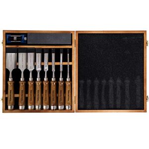 imotechom 10-pieces woodworking wood chisel set with wooden box, honing guide, sharpening stone, razor sharp cr-v 60 steel blades